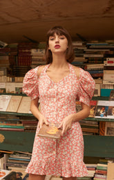 Red and White Checkered Dress with Small Daisy Pattern, Textured Material and Puffed Sleeves - By Quaint